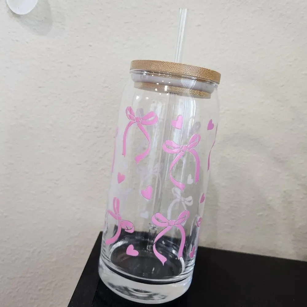 Coquette Pink Bows Balletcore 20 oz Glass Tumbler Cup Bamboo Coffee Matcha Tea